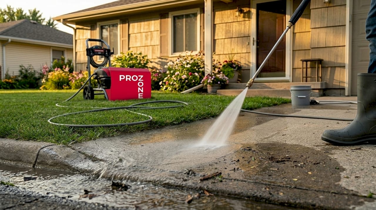 Pressure washing driveway for exterior upgrade
