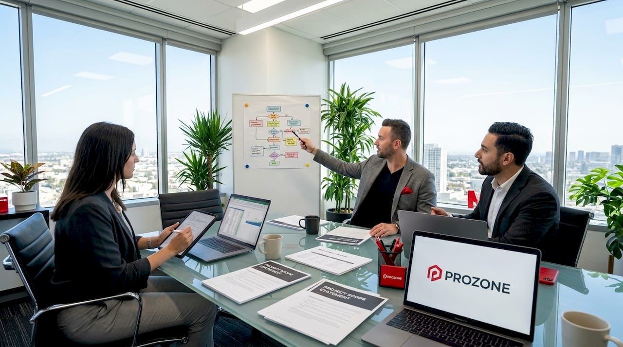 Team collaborating on project scope definition in meeting room