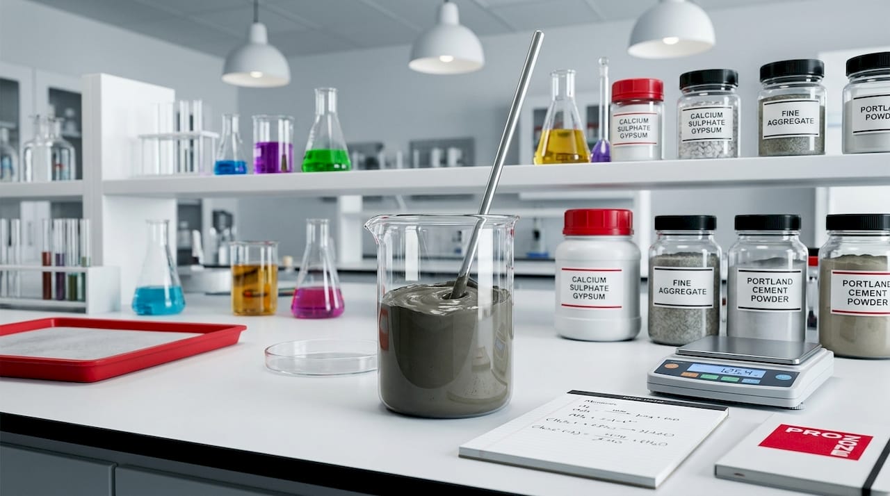 Technician mixing cement and water in lab