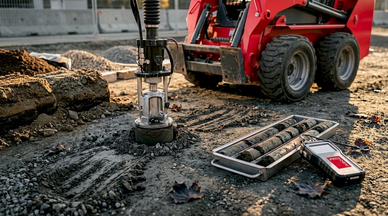 Engineer testing soil compaction on excavation site