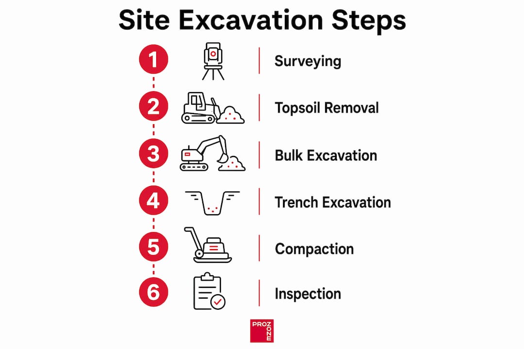 Infographic illustrating main steps of site excavation process