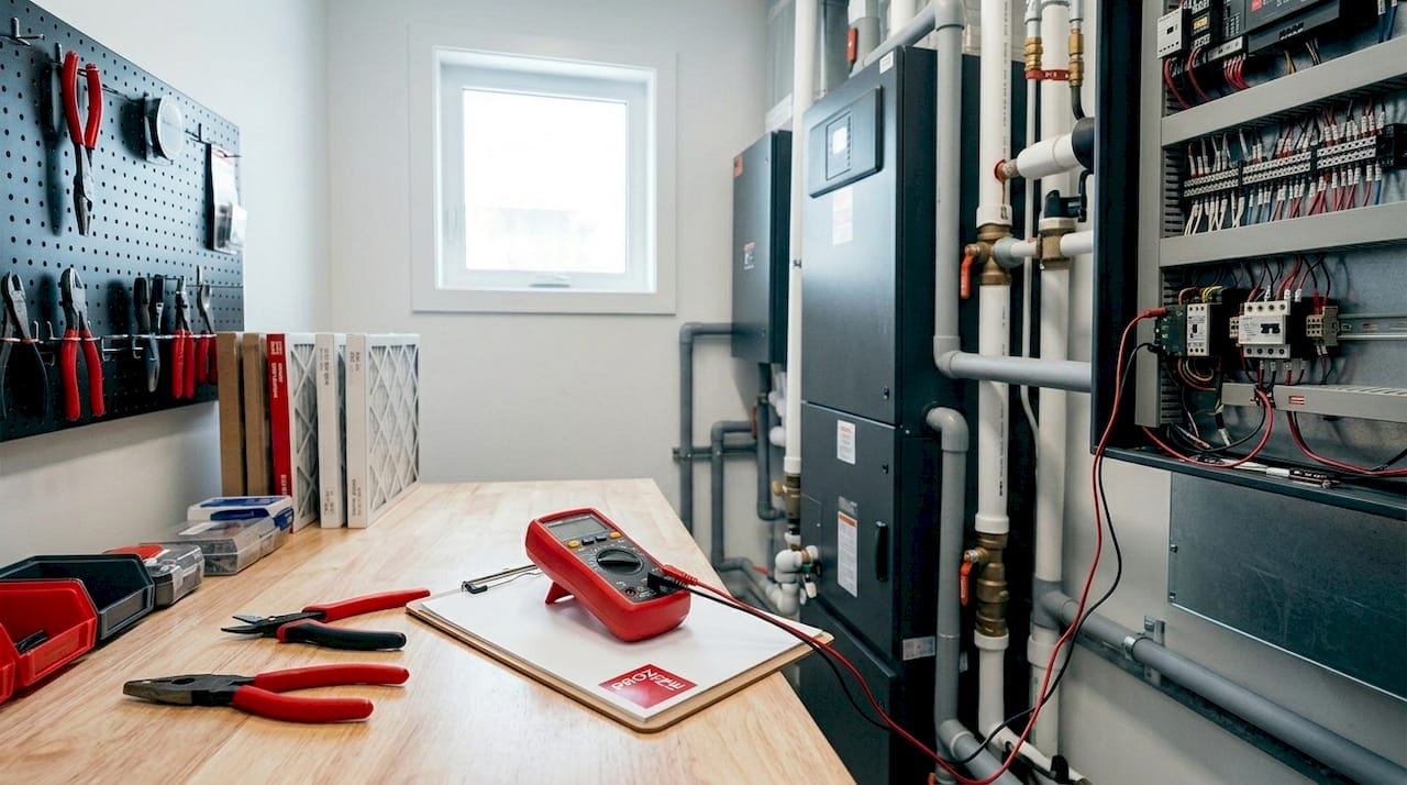 Technician inspecting HVAC system in utility room