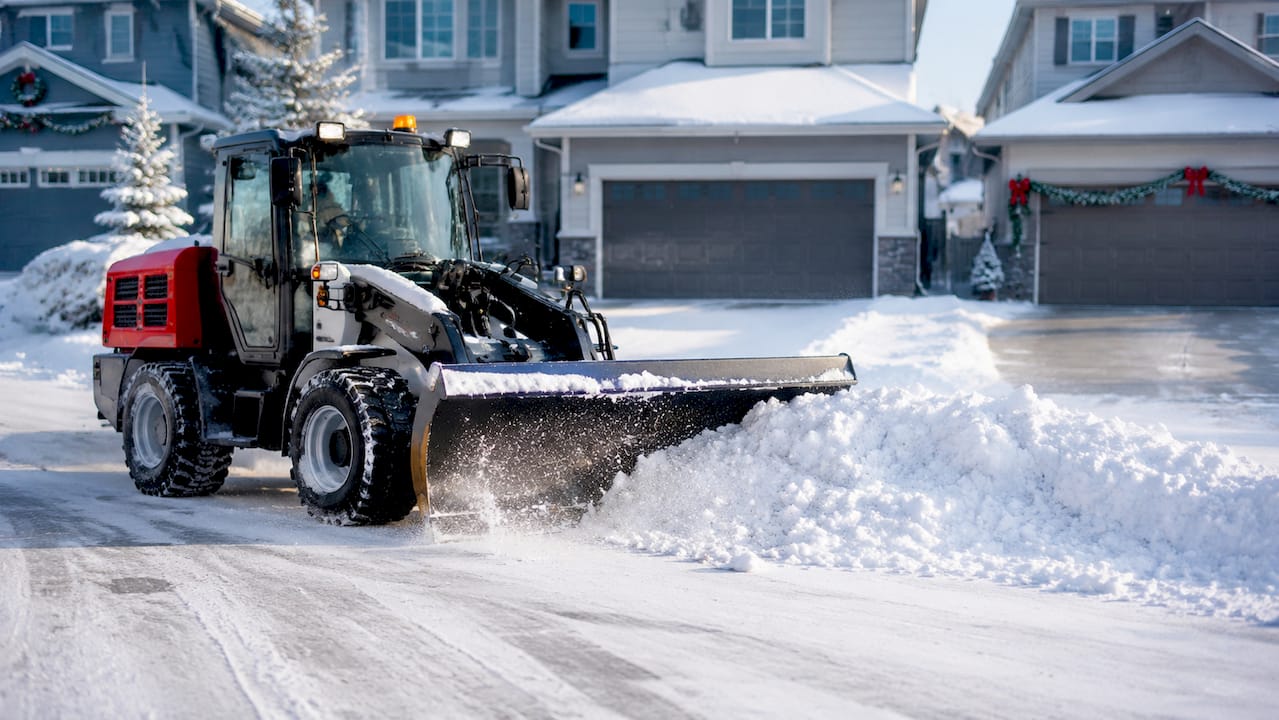 Snowplow clearing snow in Alberta urban parking lot
