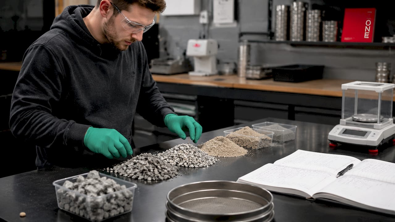 Overhead view of road base material samples in laboratory