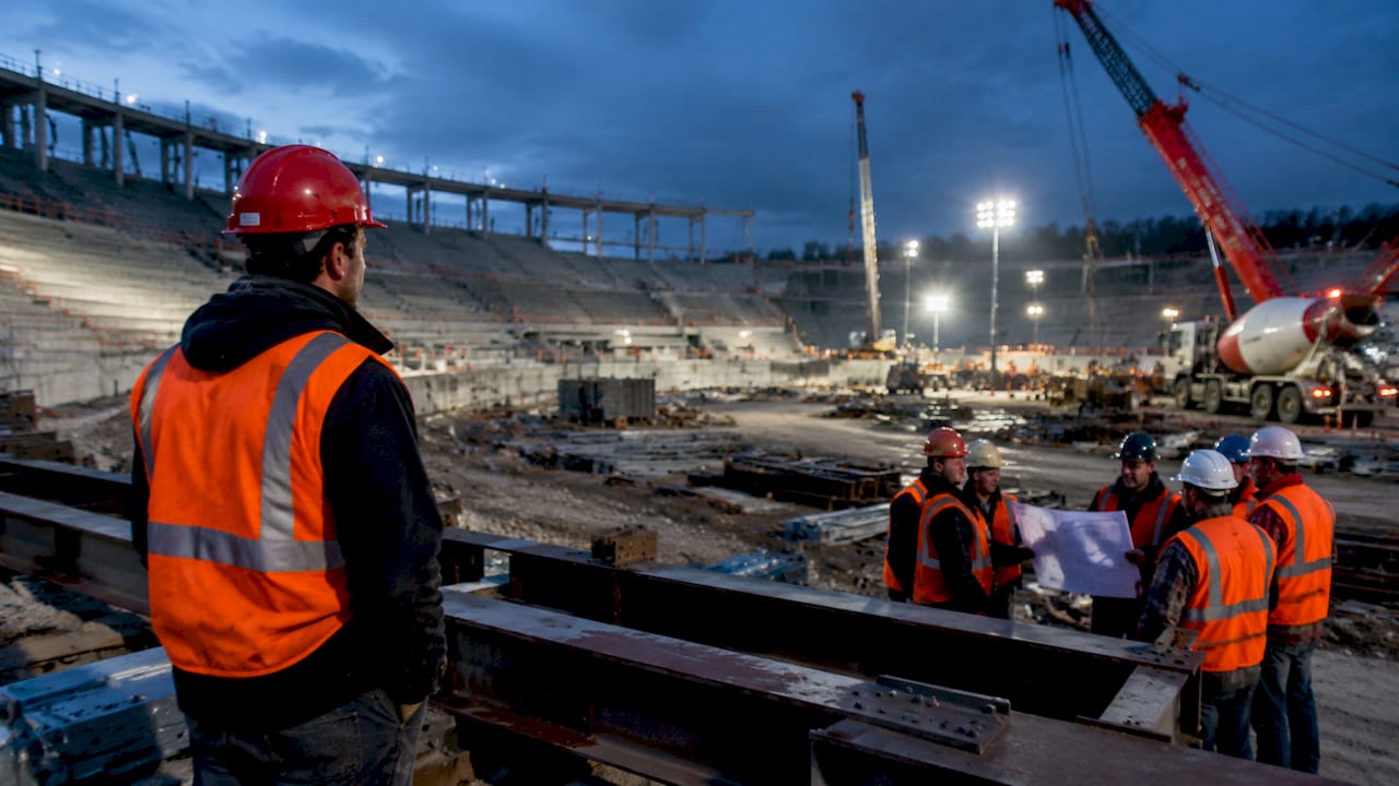 Construction workers building large outdoor amphitheatre