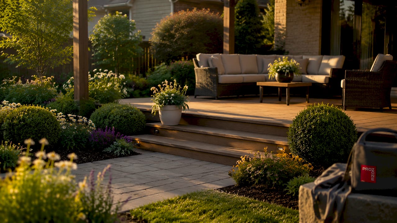 Suburban front yard with mature trees and patio
