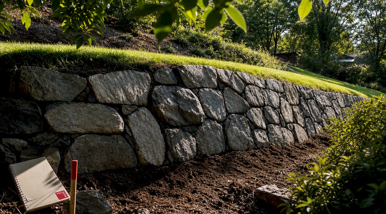Close-up of stone retaining wall holding soil on slope
