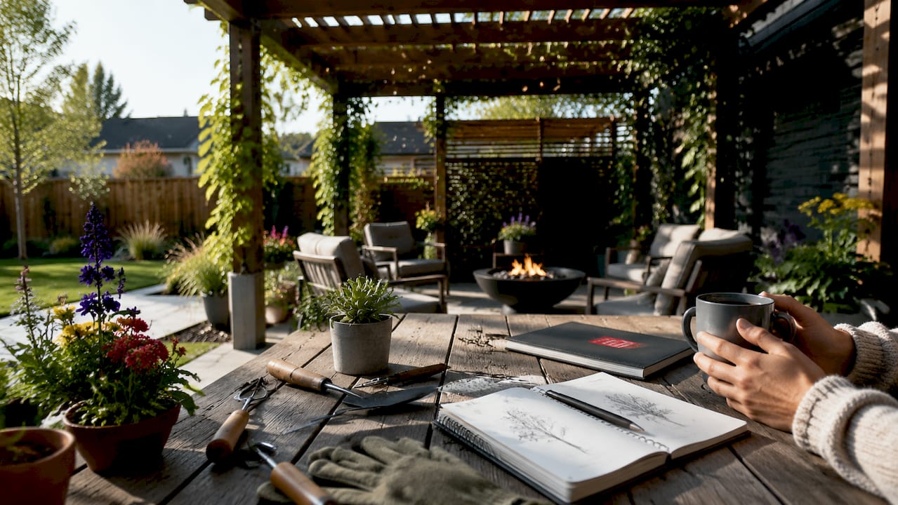 Overhead view of experiential backyard patio scene