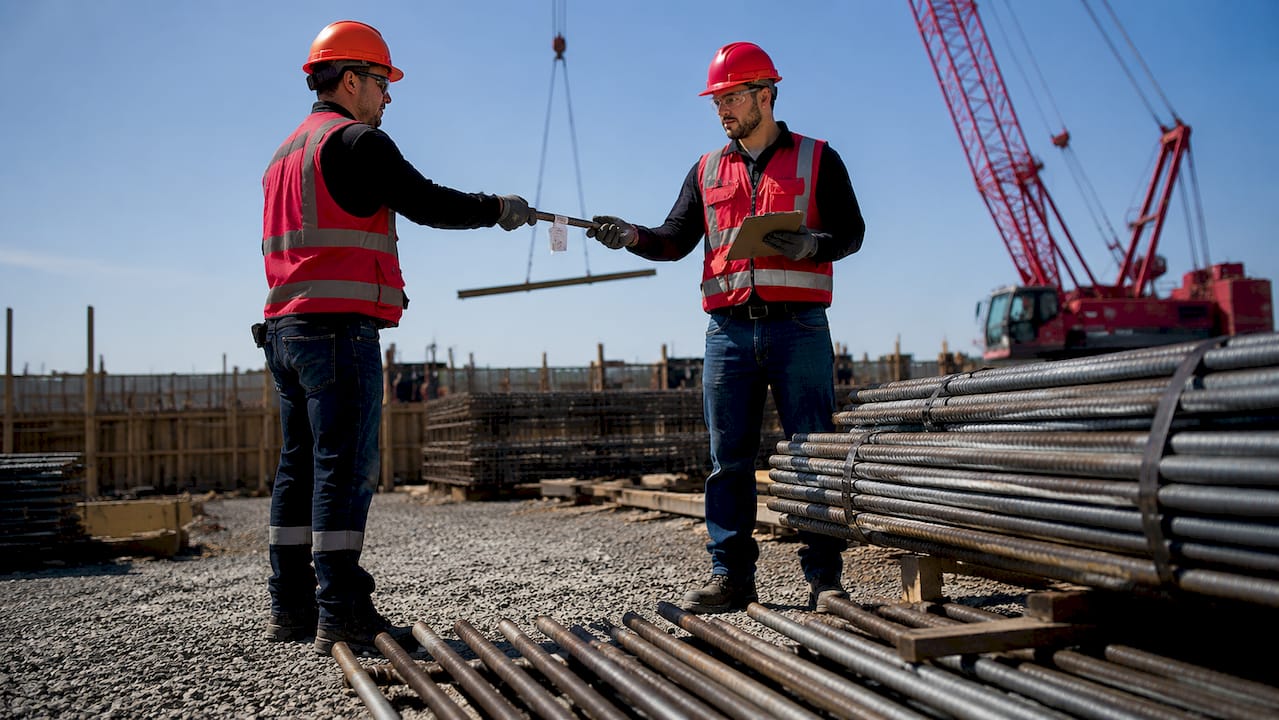 Hands exchanging steel bars in warehouse