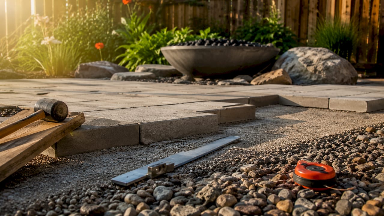 Contractor hands installing concrete pavers on driveway