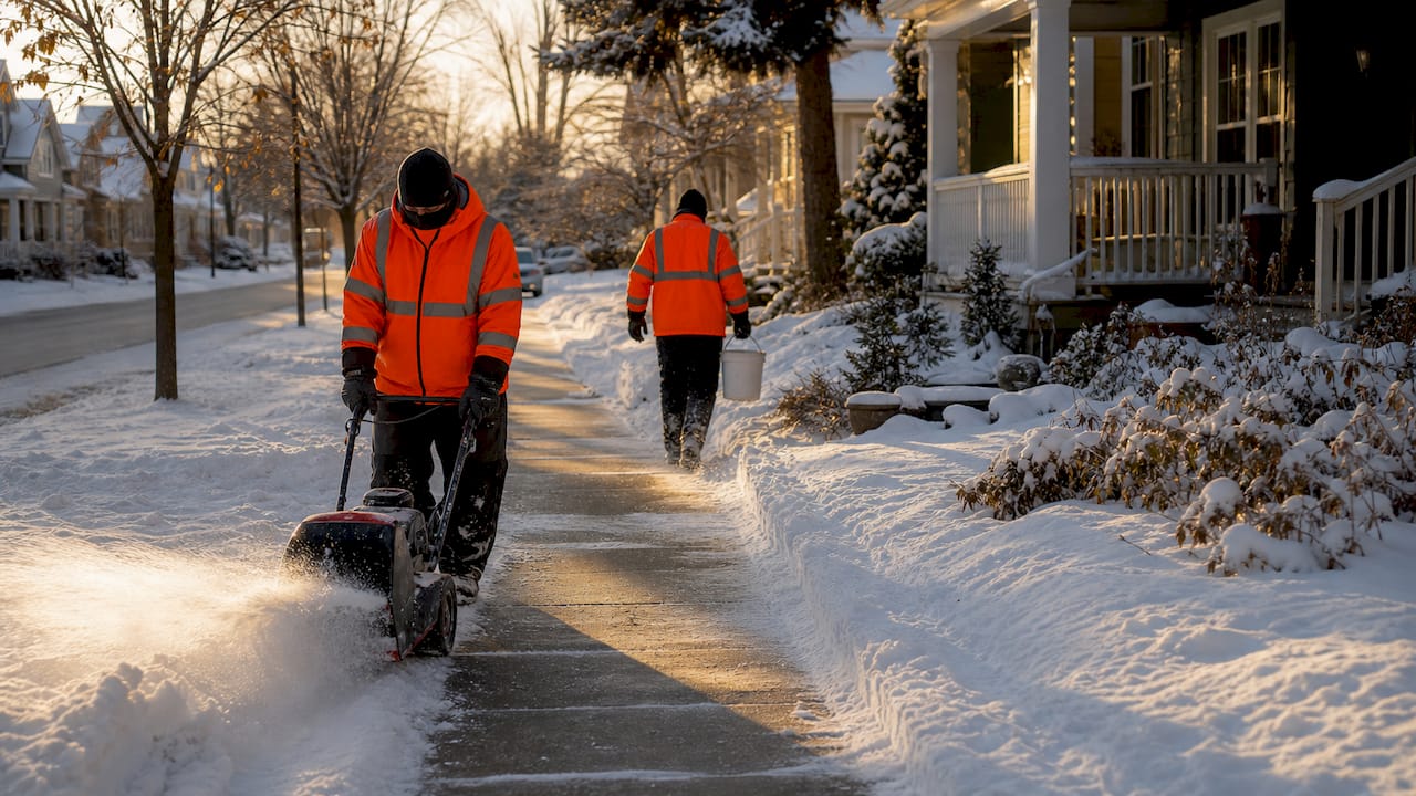 Municipal workers removing snow from sidewalk