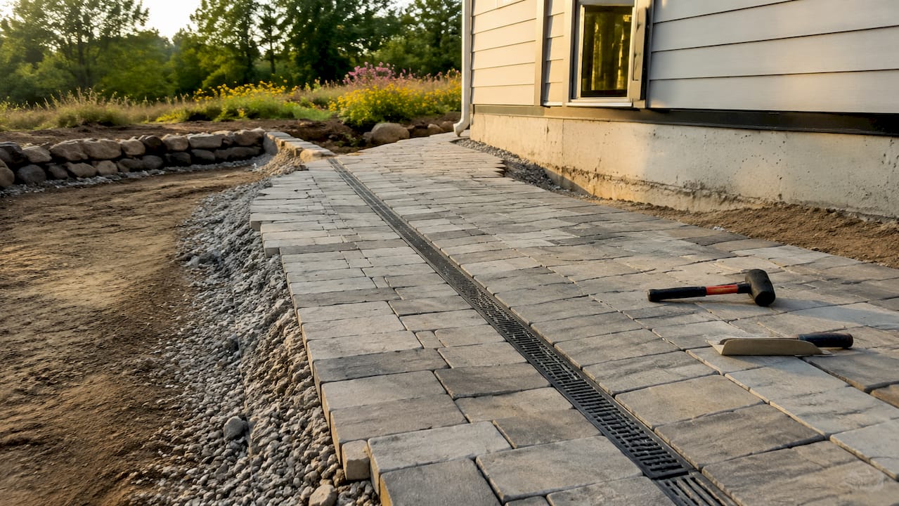 Close-up of sloped paved hardscape with drainage