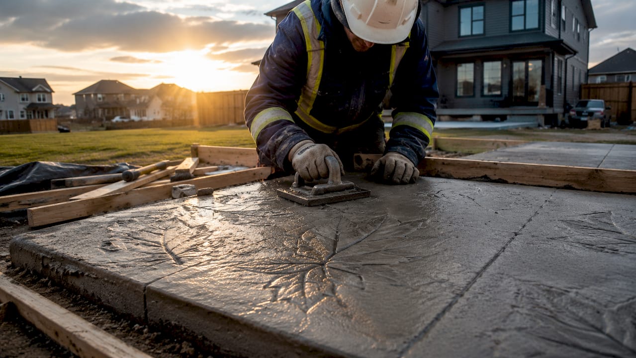 Worker stamping concrete patio outdoors