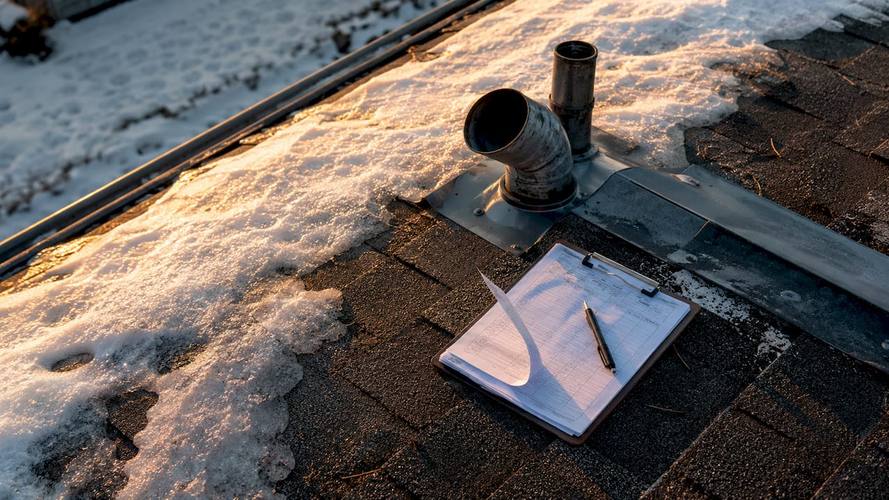 Roof maintenance tools and checklist on rooftop