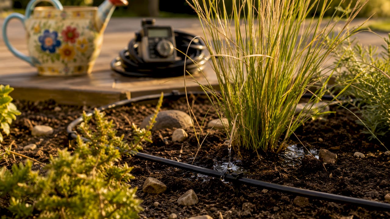 Drip irrigation system watering native plants