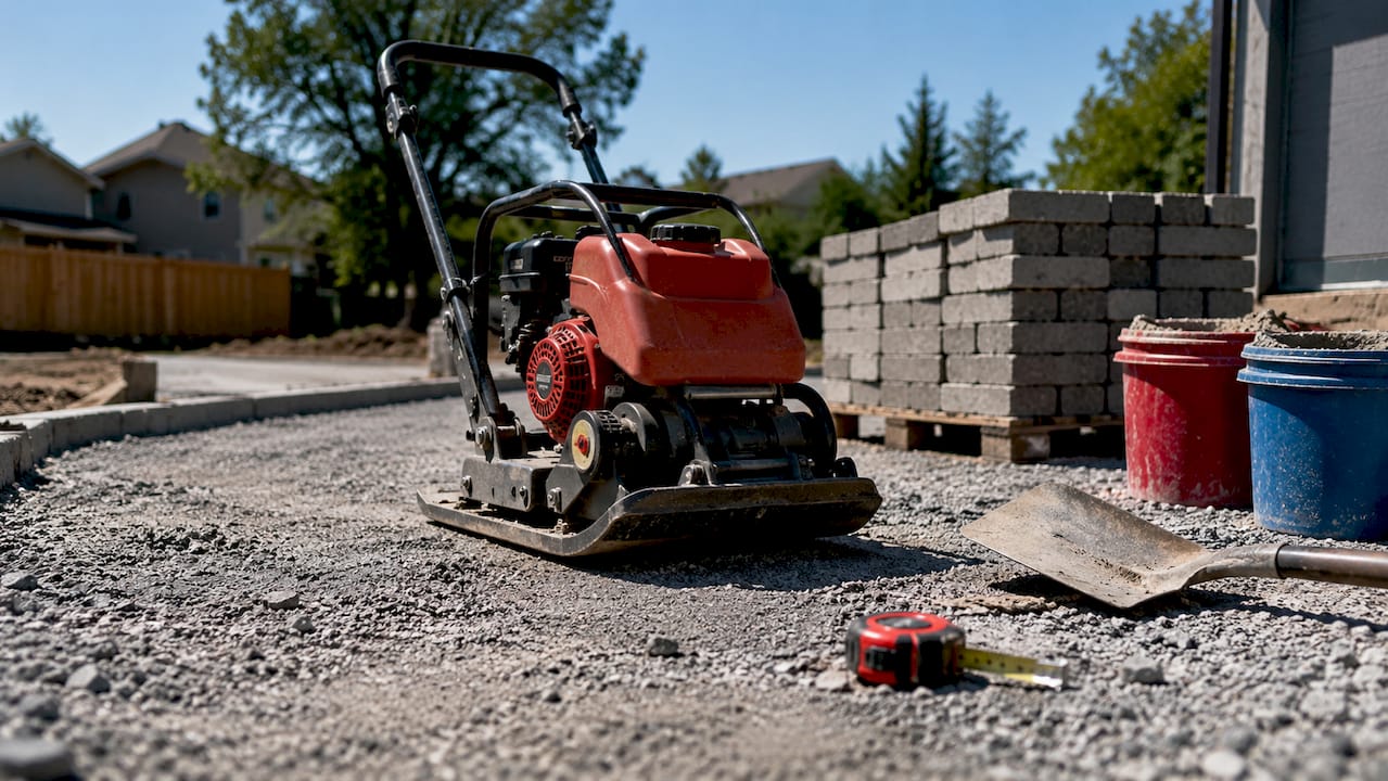 Plate compactor on compacted gravel base outdoors