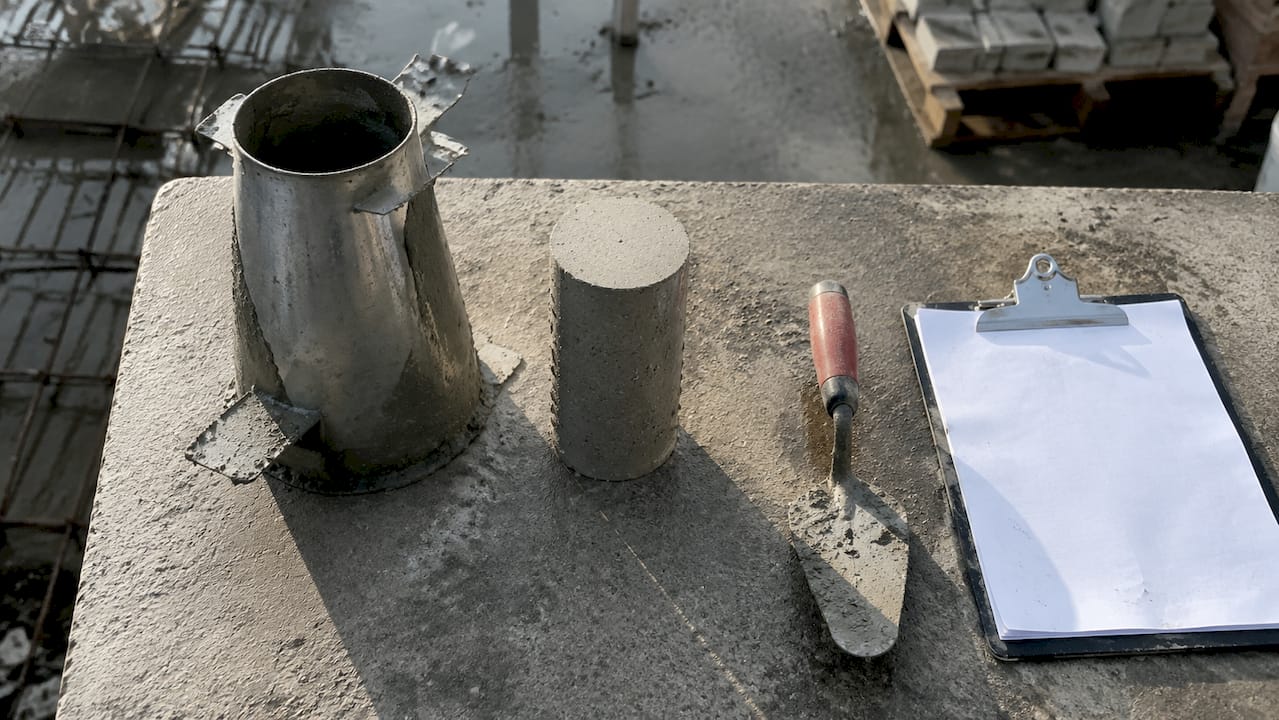 Concrete slump test tools on wooden table