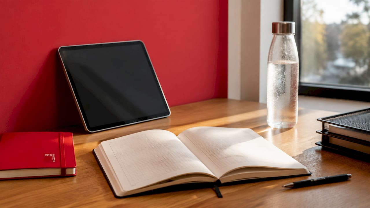 Workspace with maintenance schedules and tablet