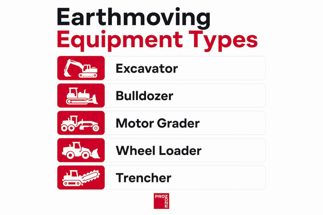Infographic listing main earthmoving equipment types