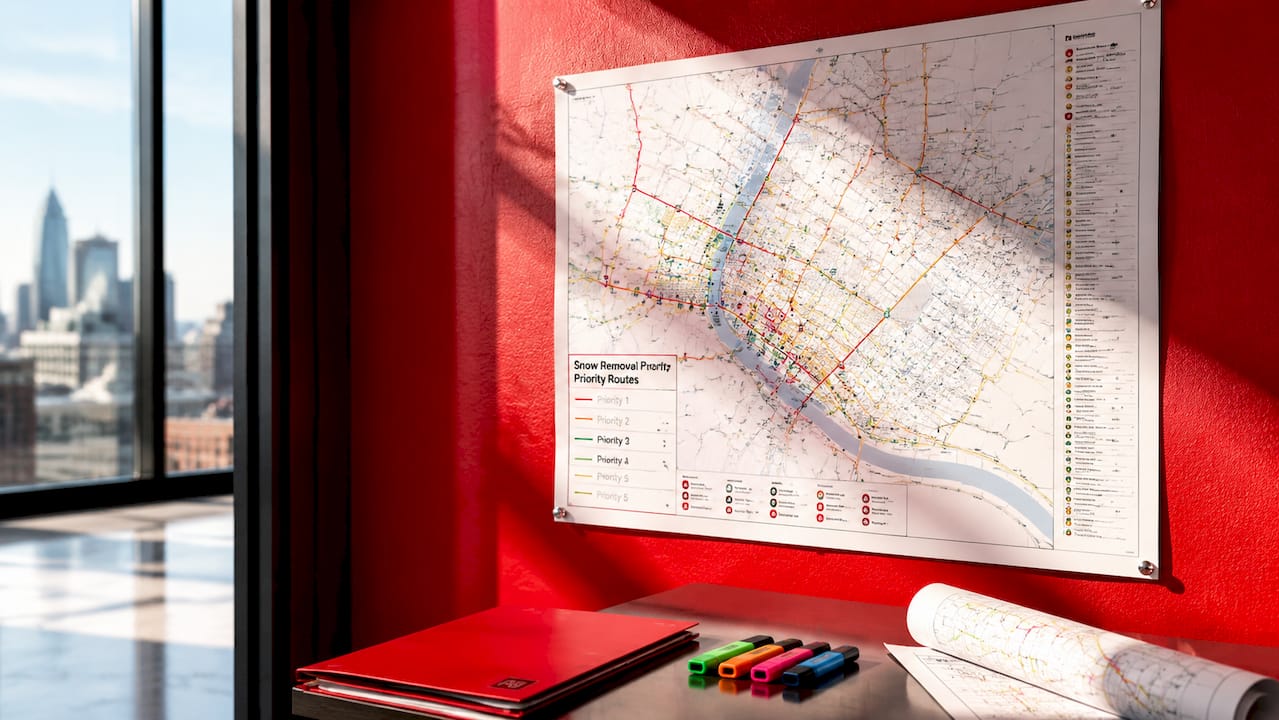 Printed snow removal priority routes map on office table