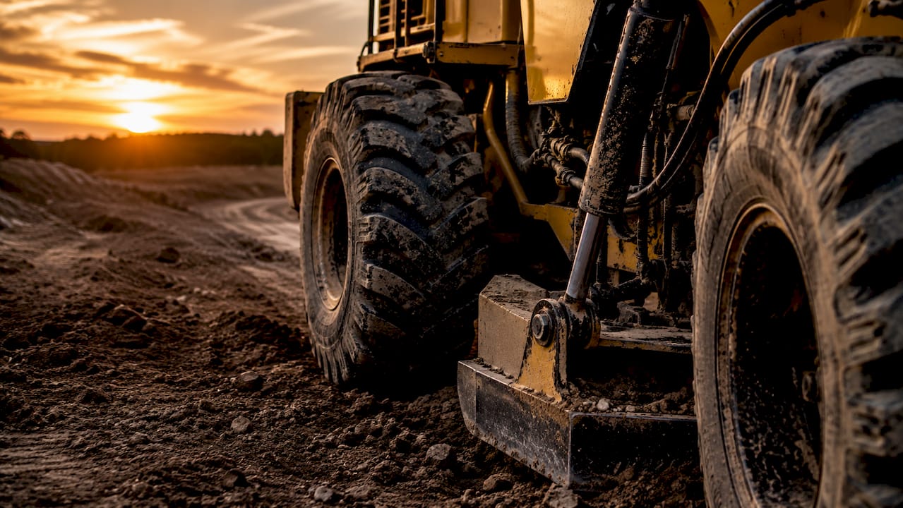 Close-up of grading equipment tires and soil