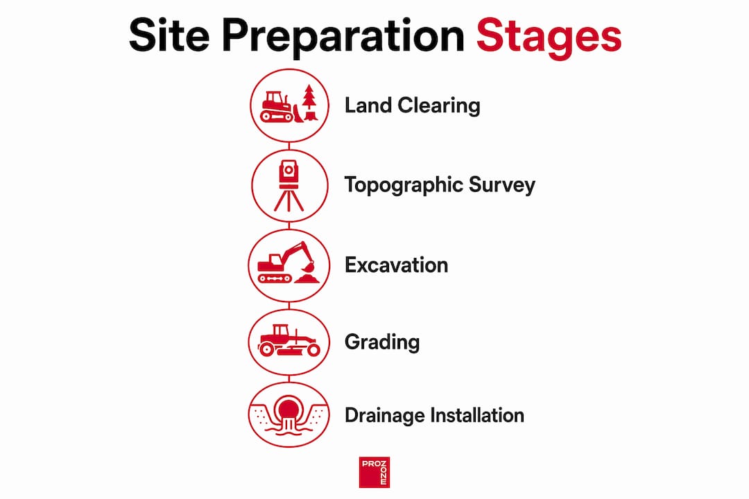 Infographic illustrating site preparation stages in sequence
