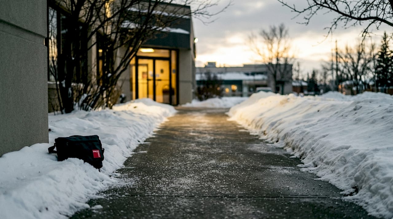 Freshly cleared snowy walkway entrance outdoors
