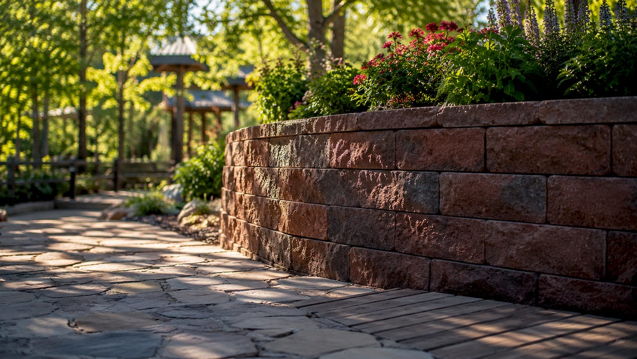 Residential backyard with stone wall, patio, and decking outdoors