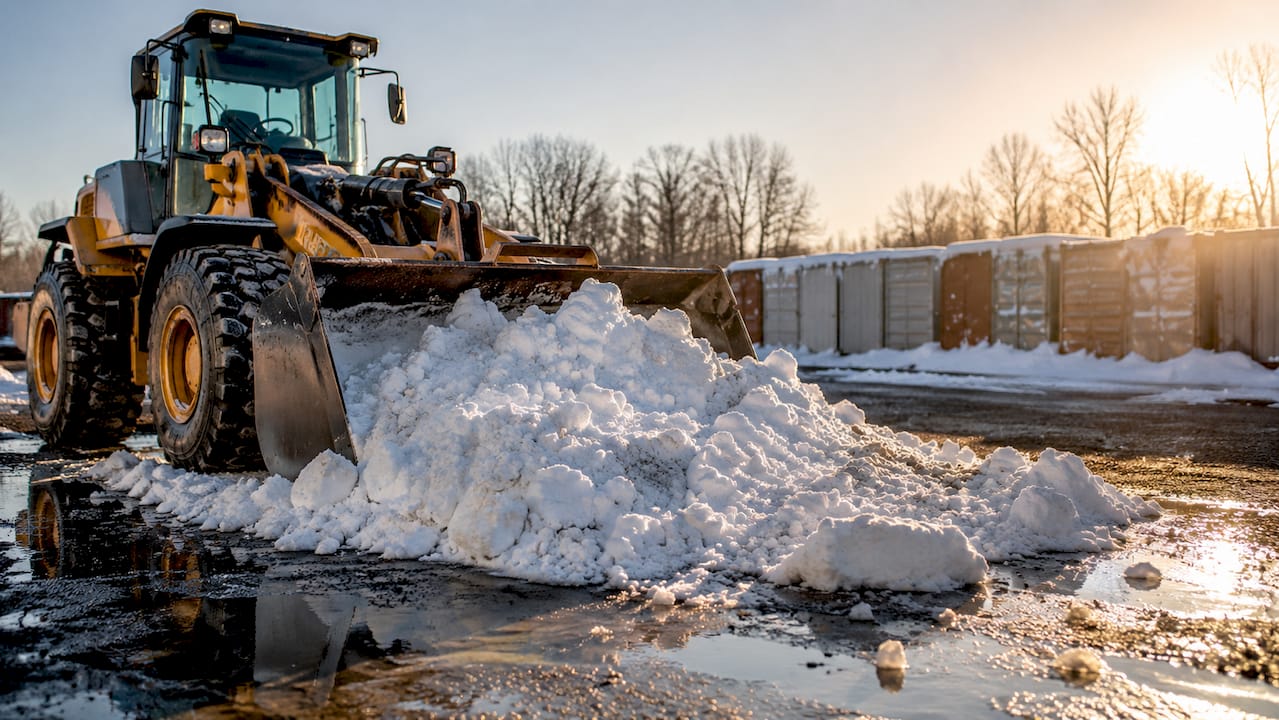 Front-end loader consolidating snow in parking lot