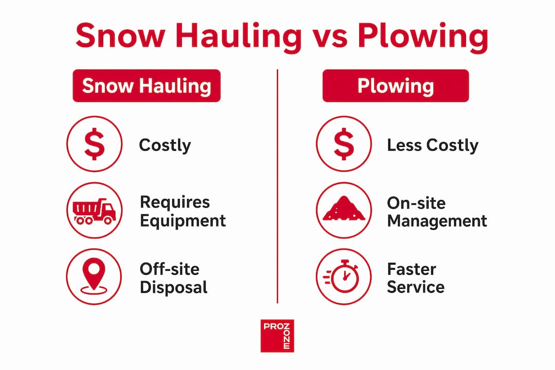 Infographic comparing snow hauling and plowing features