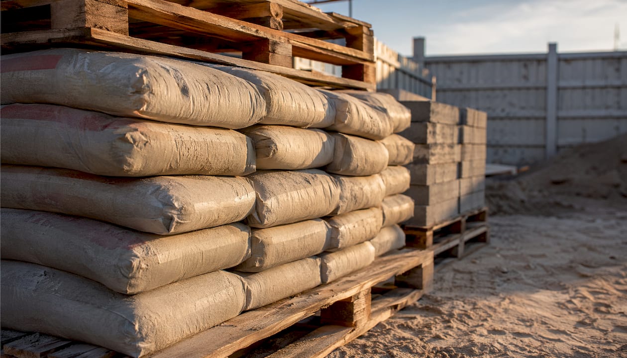 Outdoor construction materials storage site neat stacks