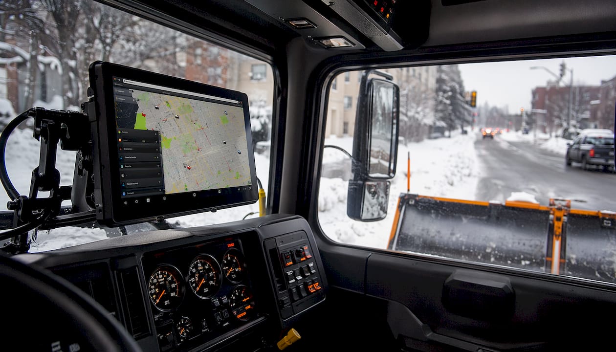 Truck cabin with GPS snow removal monitoring system