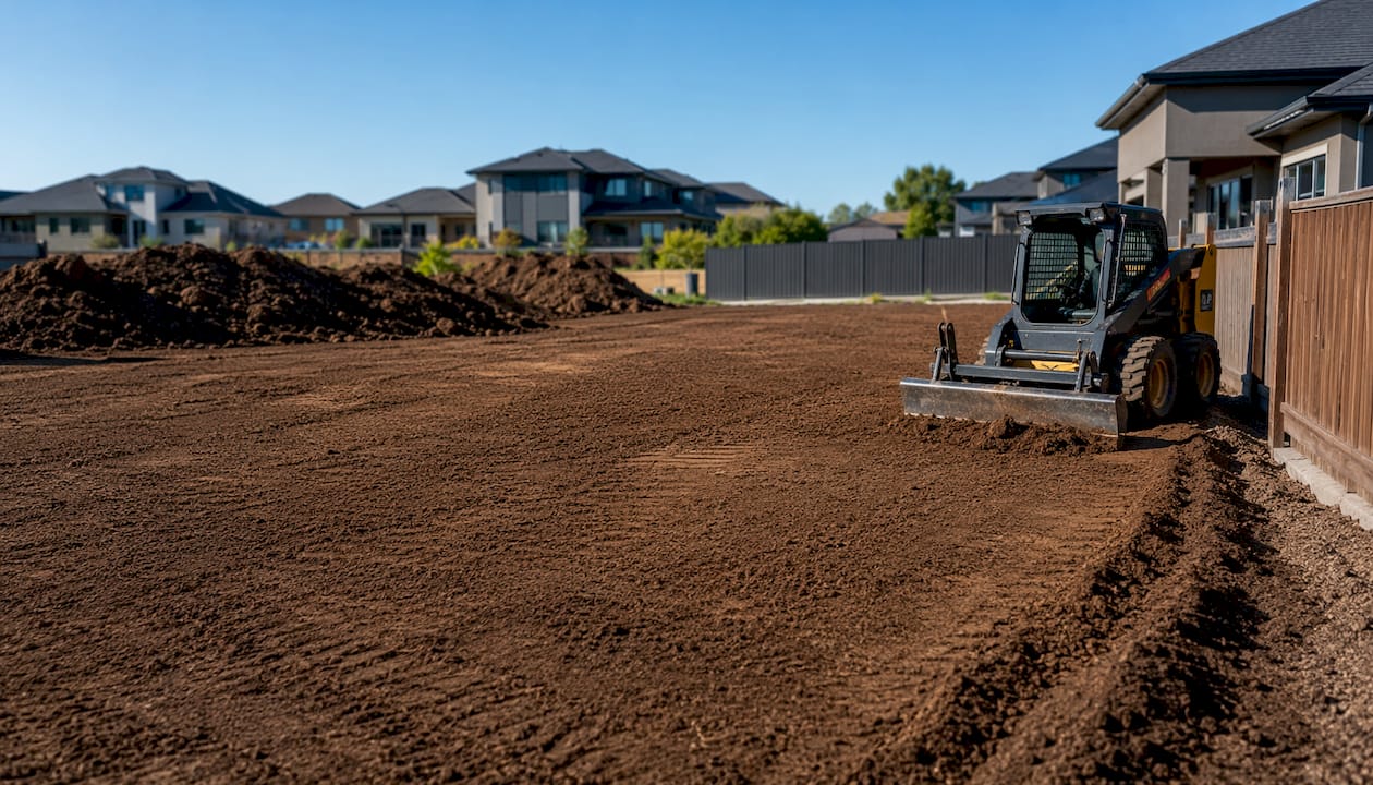 Skid steer loader grading residential land area