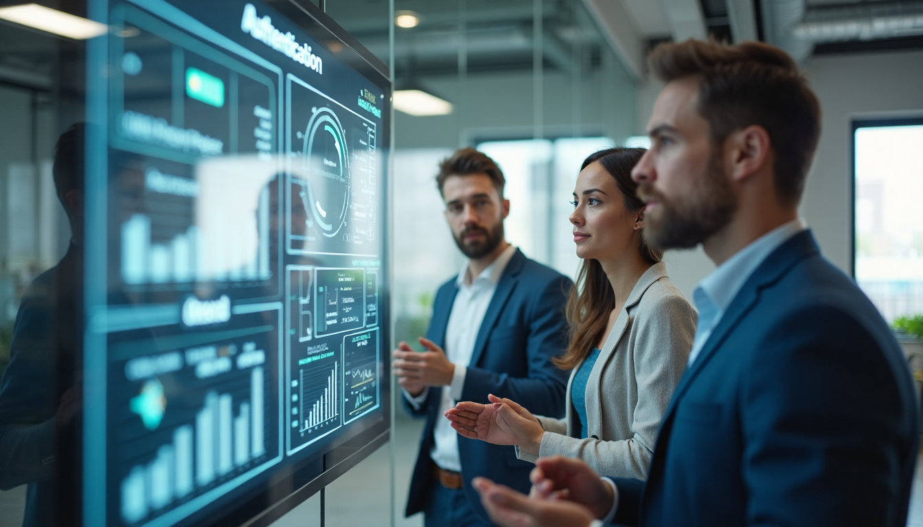 Diverse IT managers discuss authentication in a modern office