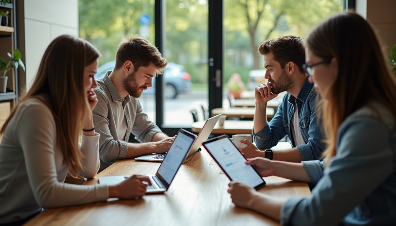 Cafe patrons interacting with secure Wi-Fi login