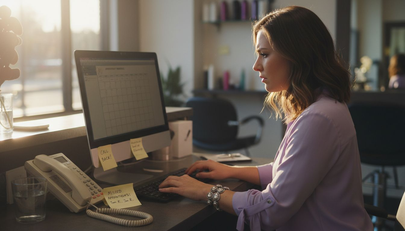 Receptionist sending appointment reminders at salon