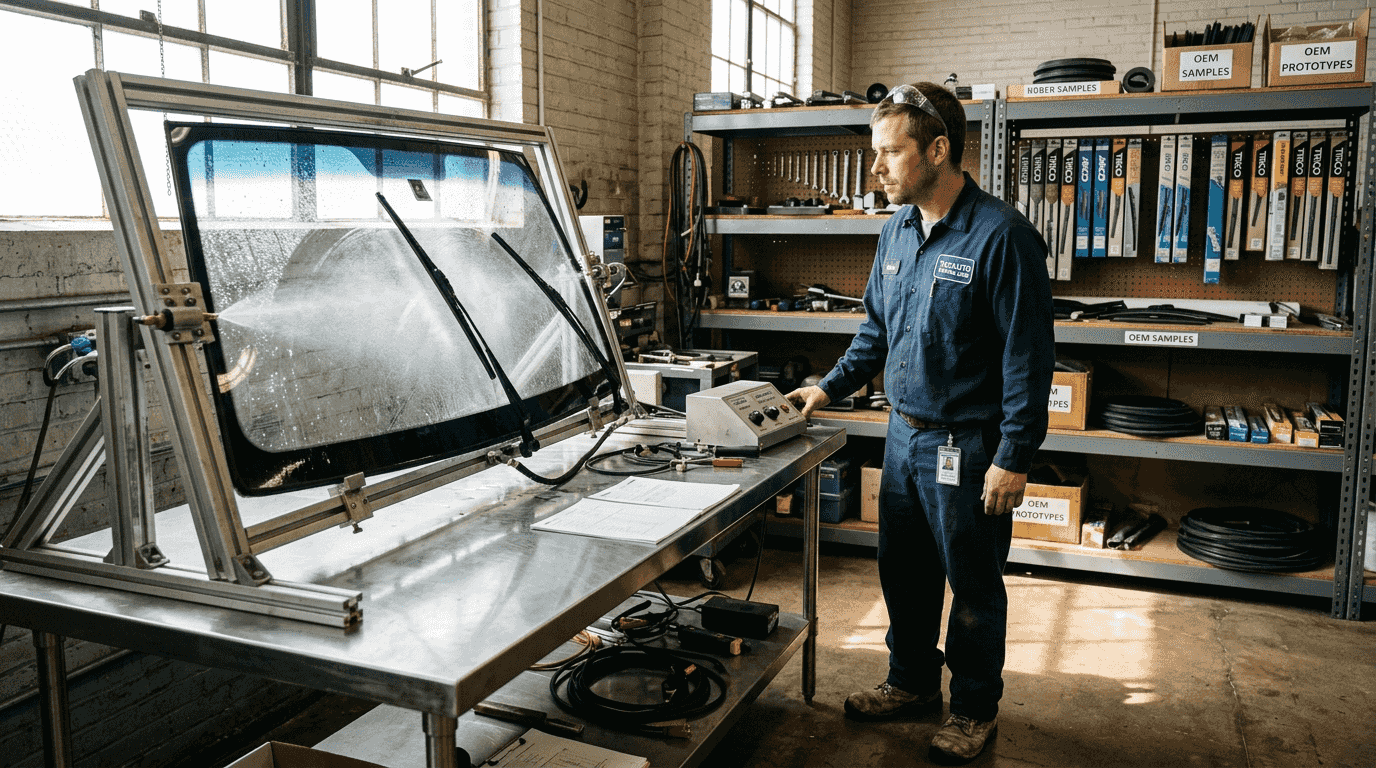 Technician testing wiper blades in lab
