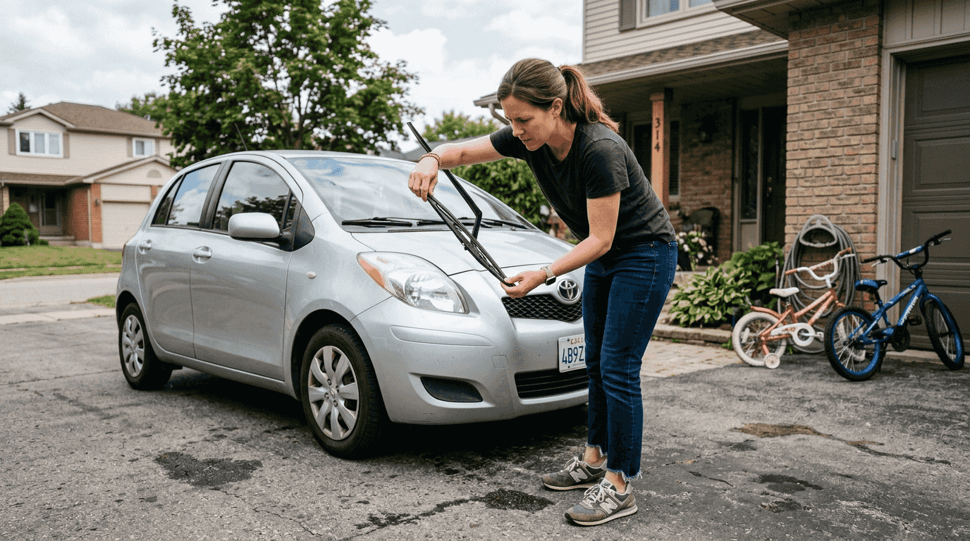 Woman examines cracked windshield wiper blade