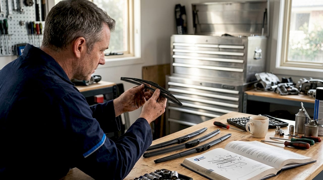 Mechanic comparing wiper blade materials