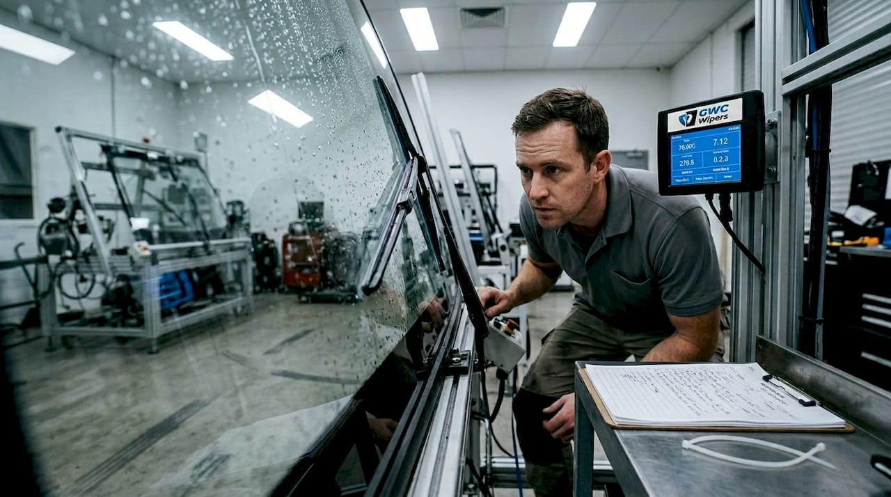 Technician testing silicone wiper blade durability