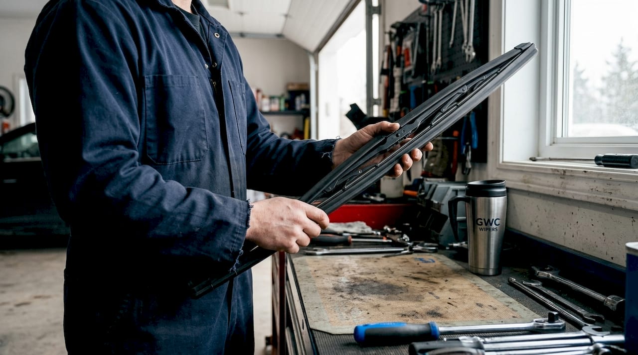 Close view of enclosed winter wiper blade