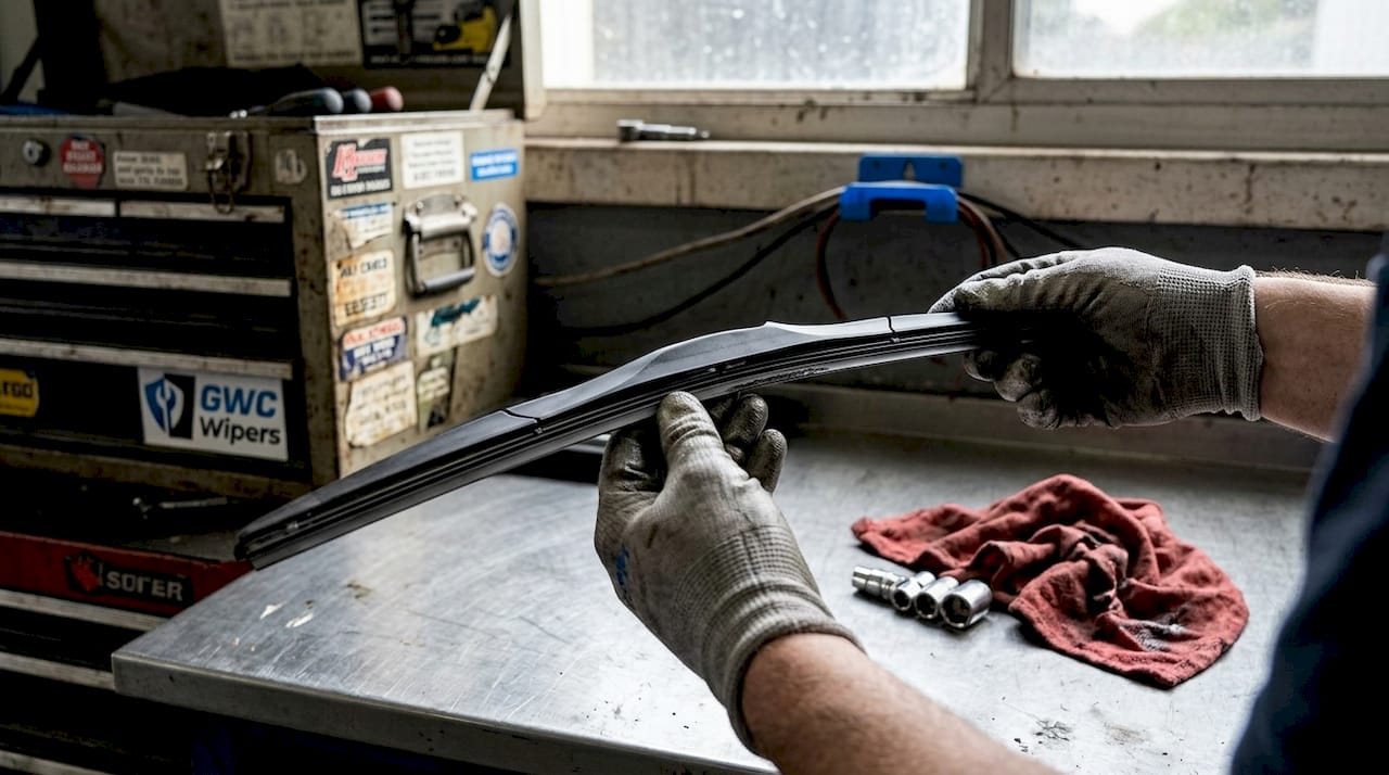 Hands holding beam style wiper blade