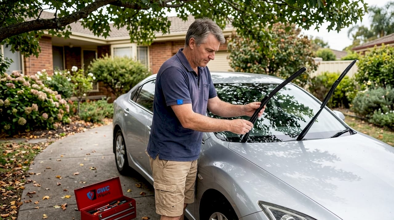 Man fitting wiper blade on car in driveway
