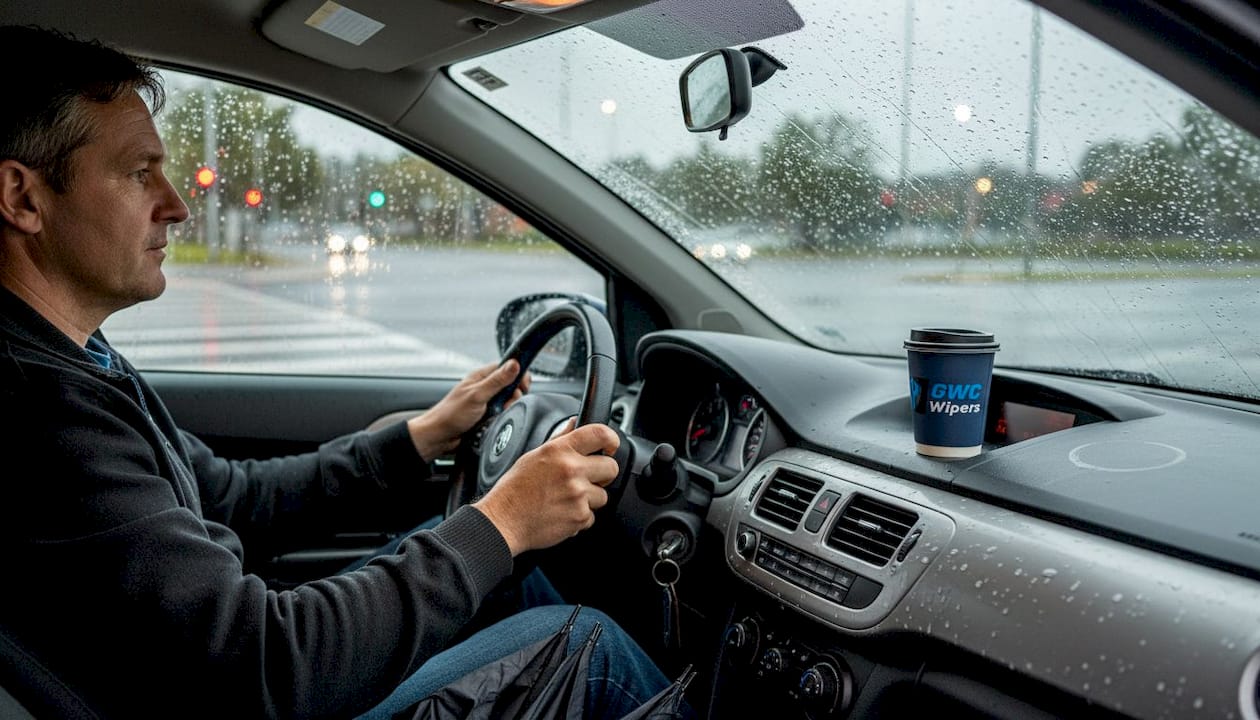 Driver viewing clear windscreen during rainy drive