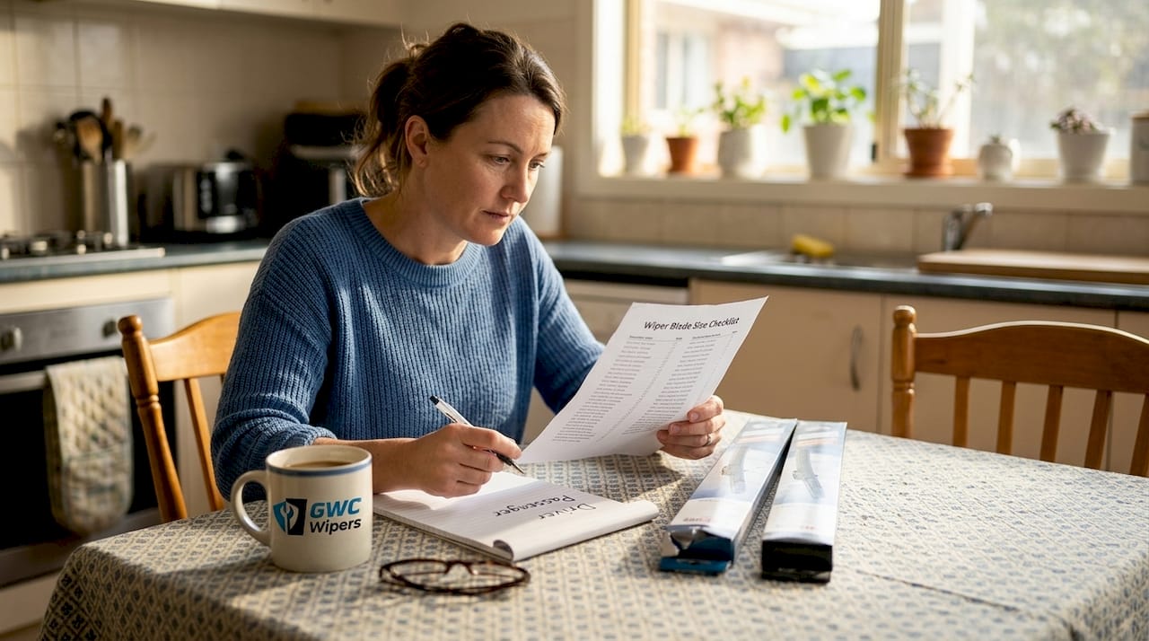 Person confirming wiper blade sizes at table