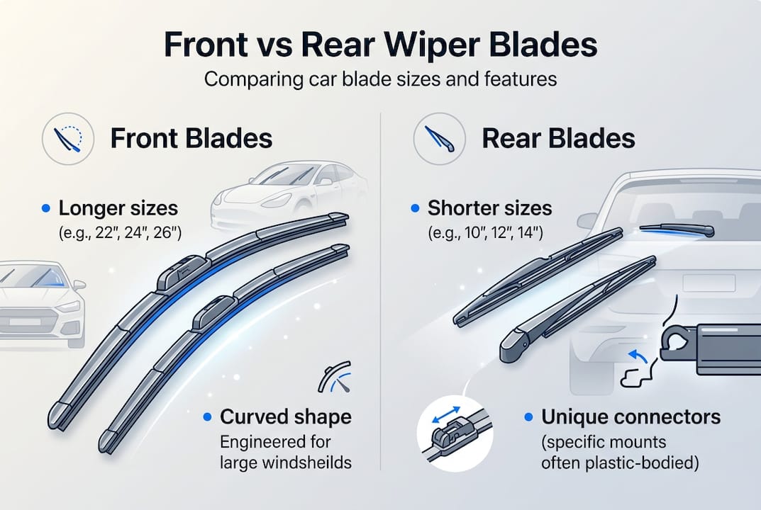 Infographic comparing front and rear wiper blades