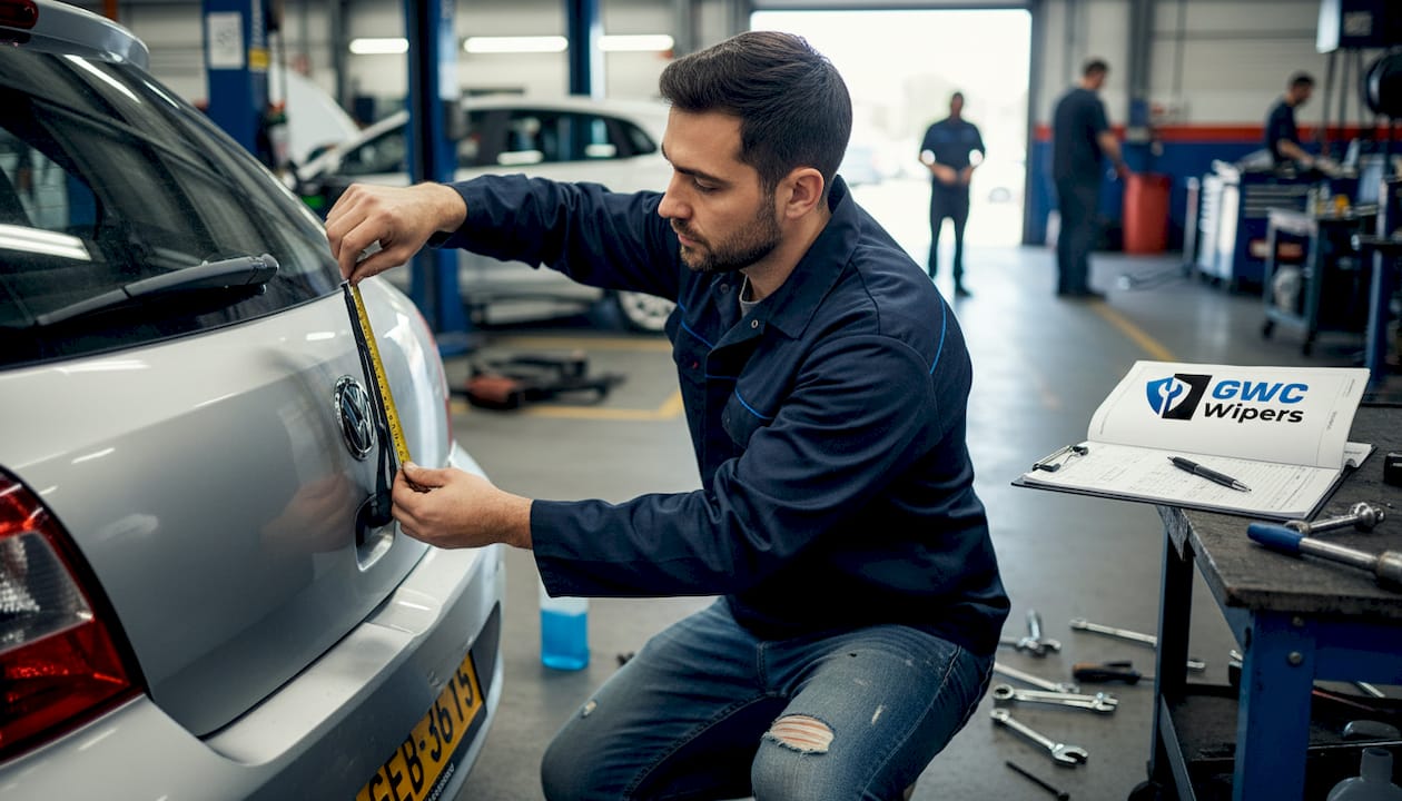 Mechanic measuring rear wiper blade size