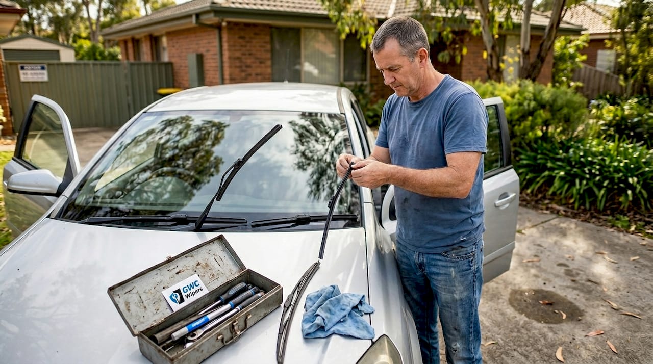 Man installing wiper refill on driveway car