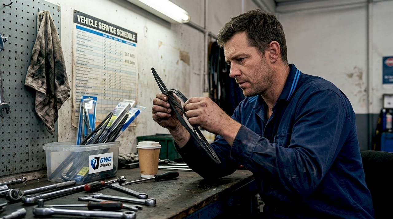 Mechanic inspecting worn wiper blade in garage