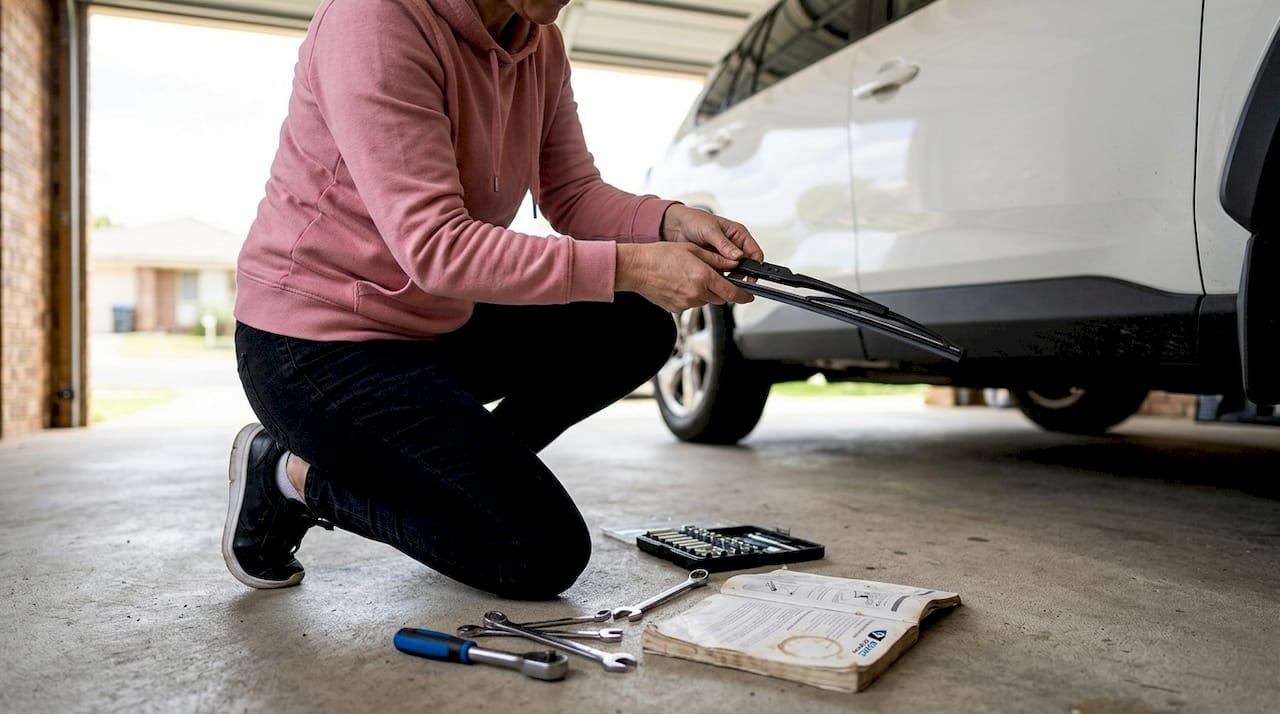 Woman replacing wiper blade on SUV
